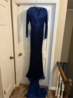 Johnathan Kayne Royal Blue Velvet Long Sleeve Pageant Gown